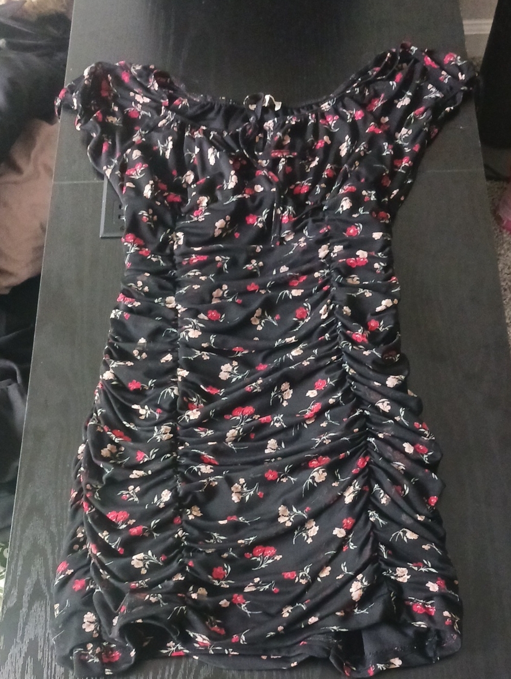 Floral Ruched Off-Shoulder Dress in Black with Red & Cream Flowers - Size Large